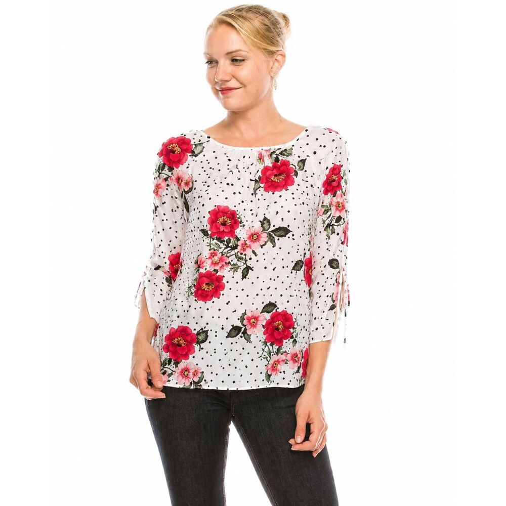 Zac & Rachel Floral Pink & White Polka Dot 3/4 Sleeve Blouse Size Small